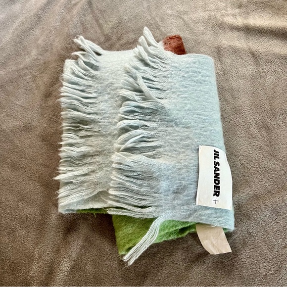 JIL SANDER Color Block Green Tan Blue Mohair Wool Warm Scarf - Picture 8 of 8